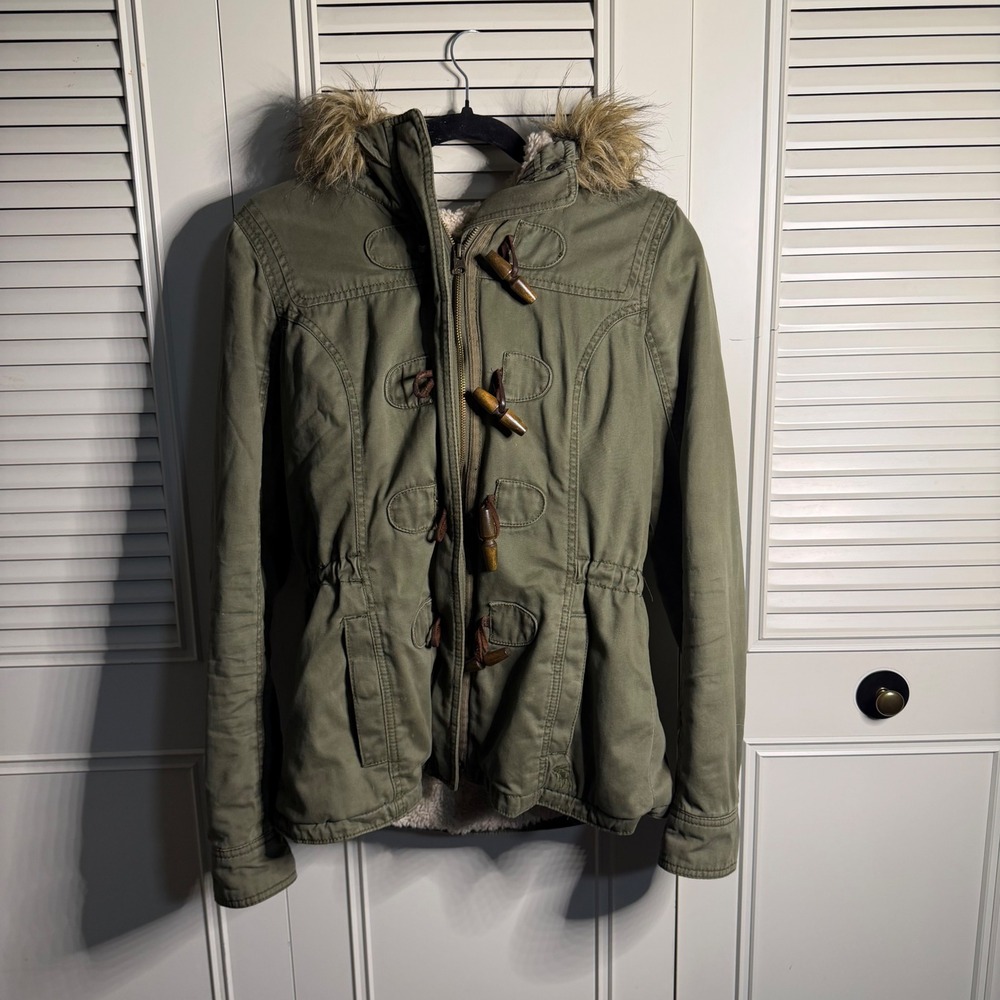 VTG Y2K Abercrombie & Fitch Olive Green Sherpa Lined Utility Parka Fur Hood M